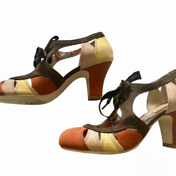 2013 Miss L Fire Parade Mocha Mousse Yellow Caramel Ribbon Lace-Up Suede Pumps - Picture 2 of 8